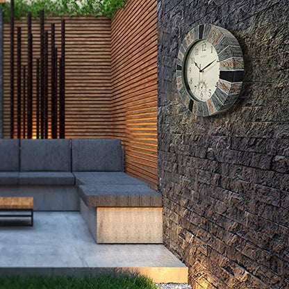 13 Inch Waterproof Indoor Outdoor Wall Clock with Thermometer, Brown | Silent non-ticking battery movement, brown easy-read dial for patio, pool, lanai, fence, porch, and garden