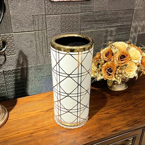 ZOEJADE 18”H Ceramic Umbrella Stand Modern Style Floor Vase for Entryway | Porcelain Umbrella Holder Contemporary Floor Vase for Storing Canes Walking Sticks for Entryway Indoor Home Decor White Gold