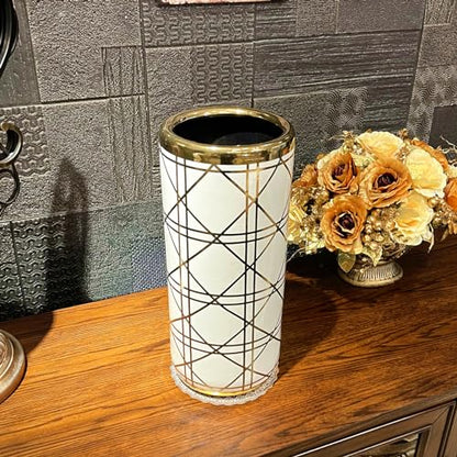 ZOEJADE 18”H Ceramic Umbrella Stand Modern Style Floor Vase for Entryway | Porcelain Umbrella Holder Contemporary Floor Vase for Storing Canes Walking Sticks for Entryway Indoor Home Decor White Gold