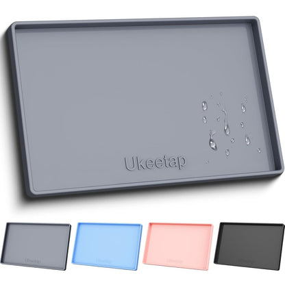 ukeetap 19" x 12" Extra Thick Silicone Mat Waterproof with Raised Edge, BPA Free Non-Slip Dog & Cat Food Mat, Feeding Mat for Food and Water Bowls, Spill Proof Mat to Protect Floors, Gray