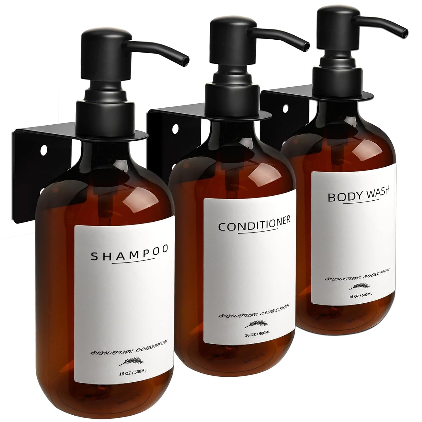 Shampoo Dispenser for Shower, No Drill Dispenser with Pump & Label | Shampoo and Conditioner Dispenser Wall Mount Set of 3, Pet Bottle Shower Soap Dispenser for Home Bathroom, Amber