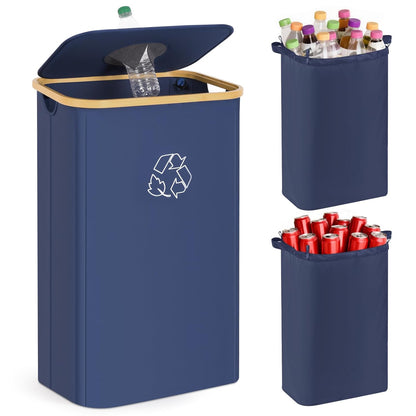 Recycling Bin for Kitchen, 26 Gallon 100L Indoor Home Recycle Bin with Lid and 2 Removeable Reusable Inner Bags, for Bottles, Cans, Glass, Plastic & Stickers, Blue