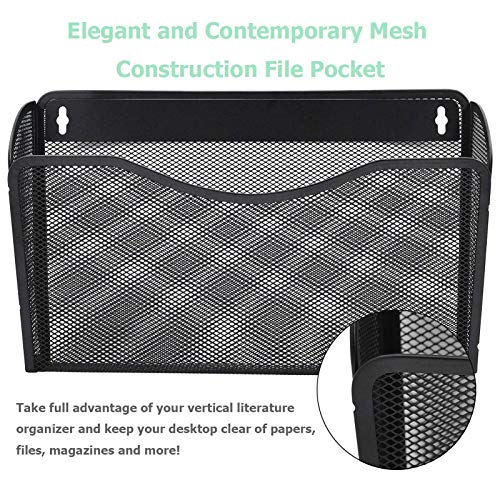 3 Single Pocket Mesh Hanging File Organizer, Vertical Wall Mounted Magazine File Holder, Mount Basket Mail Paper Document Folder Organizing for Office, Home and School, Black
