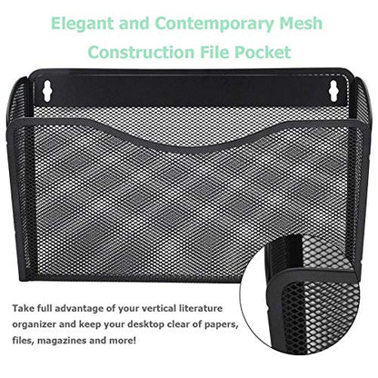 3 Single Pocket Mesh Hanging File Organizer, Vertical Wall Mounted Magazine File Holder, Mount Basket Mail Paper Document Folder Organizing for Office, Home and School, Black