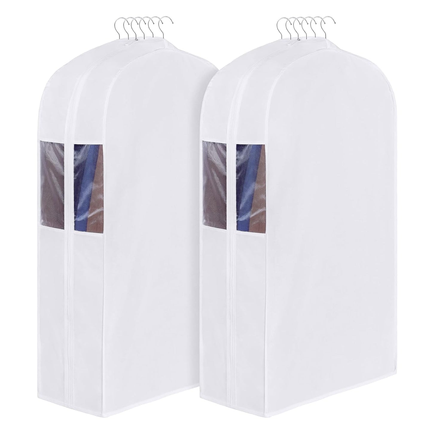 Univivi 40 Inch Cotton Garment Bags for Hanging Clothes 2 Pack, White | Breathable Cotton Fabric, Strong Zipper, Organza Window, 10in Wide Gusset Fits 6 Hangers, Perfect for Suits, Coats, Jackets