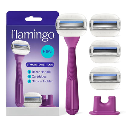 Flamingo Moisture Plus Women's Razor Set - No Shave Gel Needed - Razor Handle, 4 Blade Refills, Shower Holder - Fig