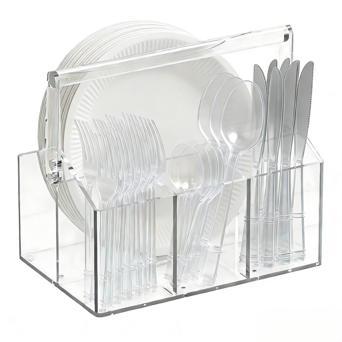 Chivalral Clear Acrylic Utensil Caddy, 4 Compartment Silverware Holder | With drainage holes & silicone anti-slip pads,Portable magnetic rotating handle for Kitchen, picnic, party ,Buffet,Camping