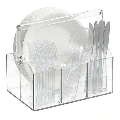 Chivalral Clear Acrylic Utensil Caddy, 4 Compartment Silverware Holder | With drainage holes & silicone anti-slip pads,Portable magnetic rotating handle for Kitchen, picnic, party ,Buffet,Camping