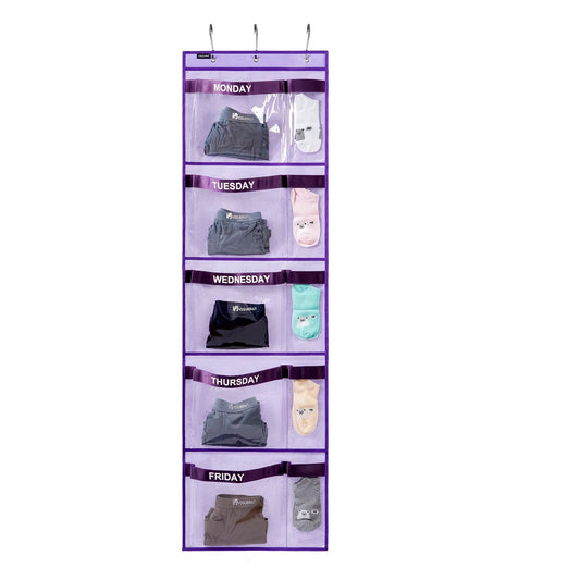 Weekly Kids Clothes Organizer Day of Week School Clothing Storage Monday to Friday Hanging Closet Organizer (Purple)