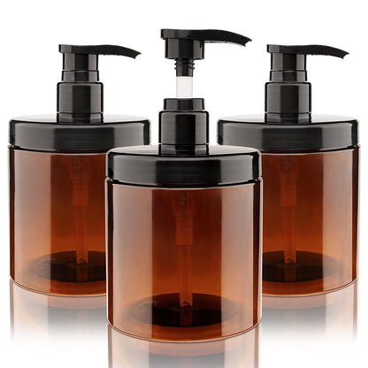 Pump Bottle Dispenser 3 Pcs 600ml/20oz Brown | BPA Free Wide Mouth Plastic Bottle for Shampoo, Conditioner and Body Lotion Storage