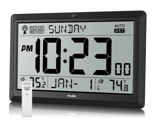 Atomic Wall Clock with Indoor Outdoor Temp, Digita... (Black)