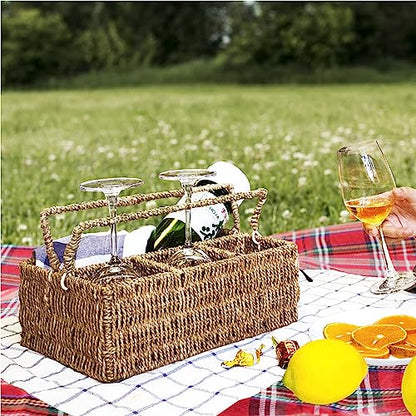 PEMAR Large L-Sized Hand Woven Utensil Caddy Carrier, Natural Jute Wicker Condiment Holder for Table, Kitchen Set Counter Top Silverware Organizer, Rustic Storage for Forks, Spoons, Seagrass
