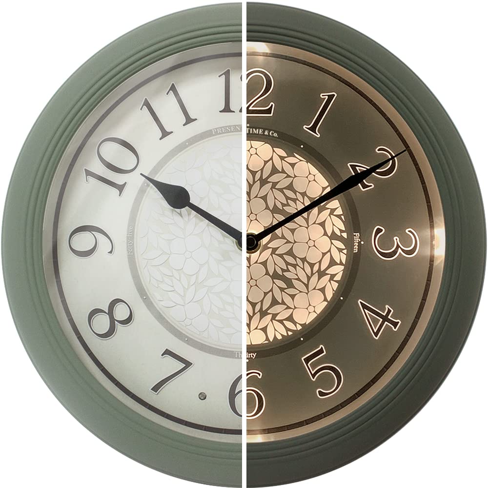 12.6" Illuminated Farmhouse Wall Clock | Silent Battery-Operated Night Light Wall Clock, Smart LED Sensor, Living Room, Kitchen, Bath, Sage Green