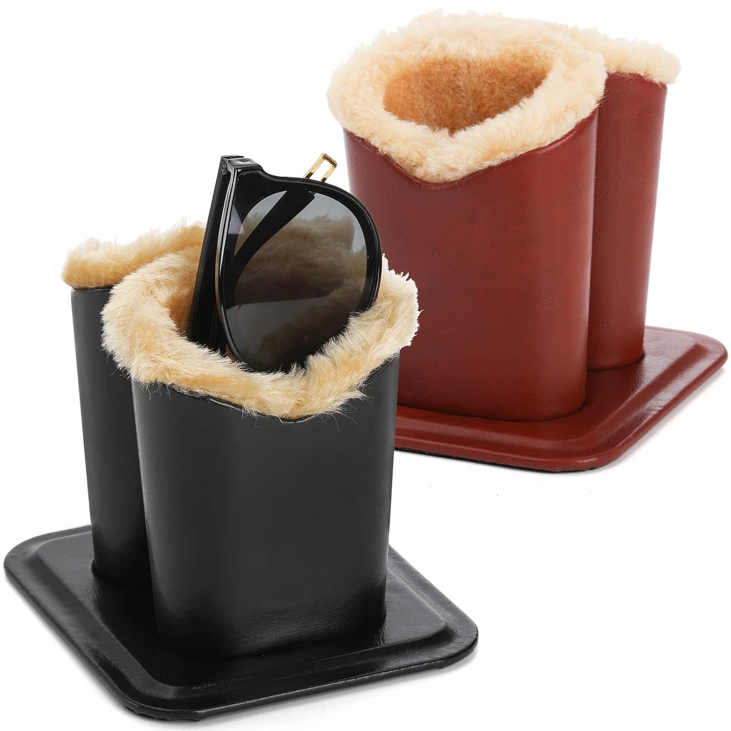 ZOOFOX 2 Pack Double Eyeglasses Holder, Plush Lined Leather Glasses Stand Case for Desk or Nightstand