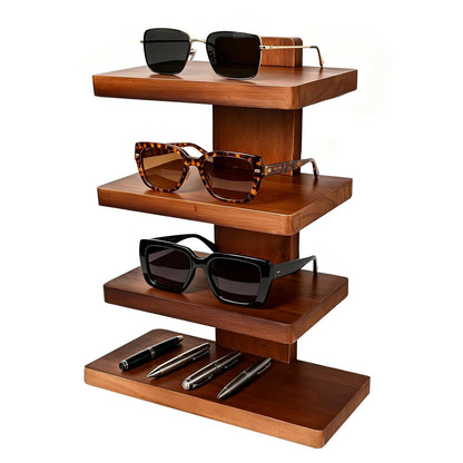 Wooden Eyeglass Organizer, 4-Tier Sunglasses Display Stand for Men | Desktop Glasses Holder with Storage Base, Modern Eyewear Organizer for Dresser, Nightstand & Office