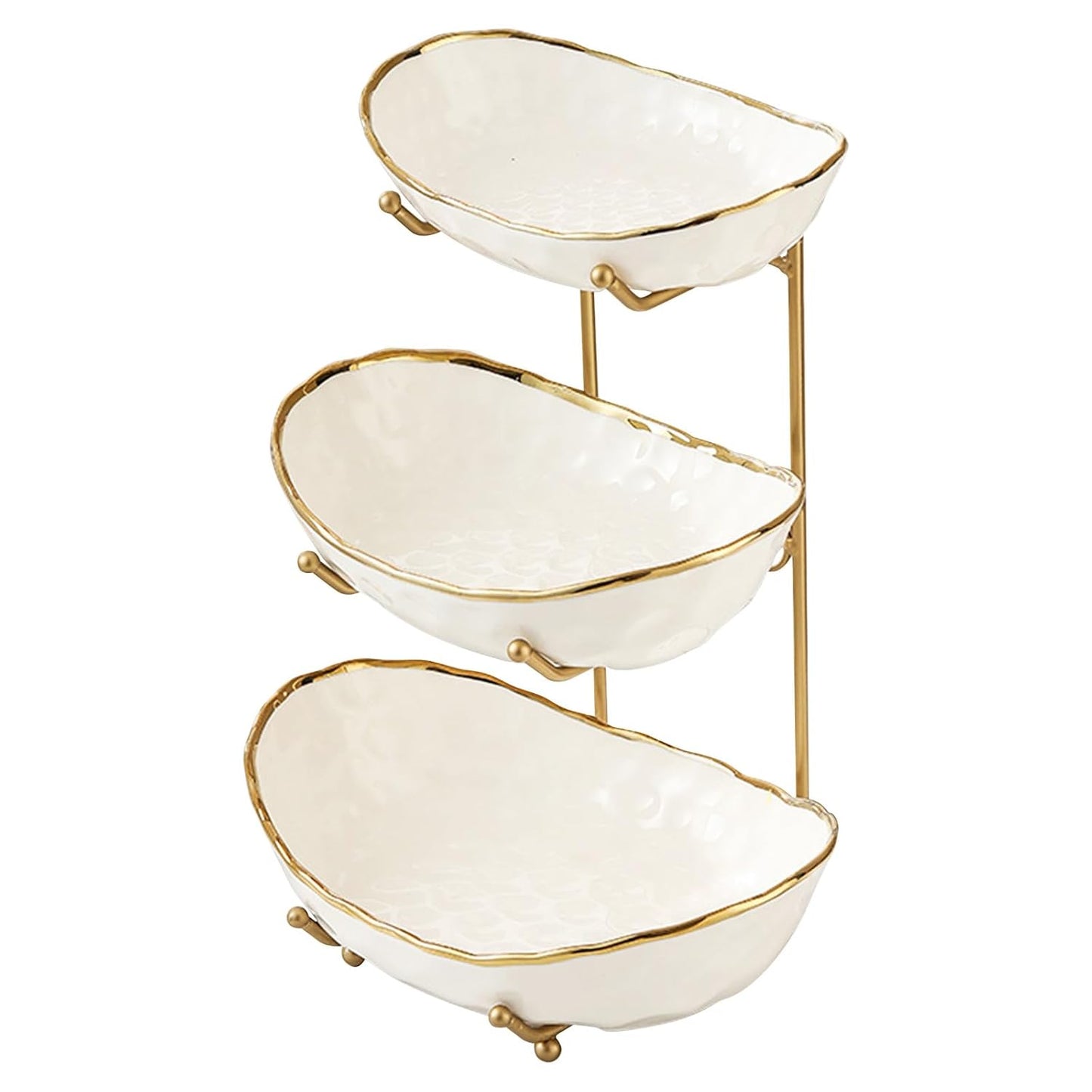 White Fruit Bowl with Gold Metal Stand, 3 Tier Modern Ceramic Fruit Bowl Fruit Rack for Kitchen Counter, Tiered Fruit Basket for Snacks Bread Candy Storage (White,3 Tier)