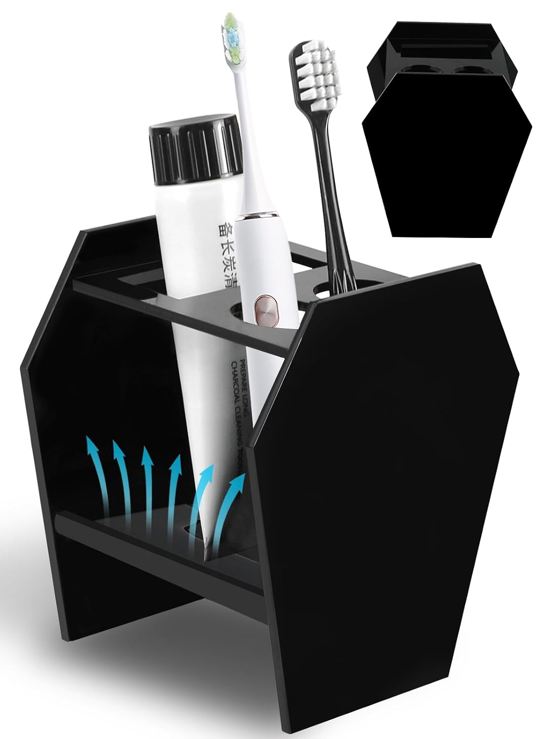 Gothic Decor Coffin Toothbrush Holders for Bathrooms - Black Acrylic Halloween Goth Bathroom Decor, Spooky Halloween 3 Slots Toothbrush and Toothpaste Holder, Halloween Decor Oddities and Curiosities