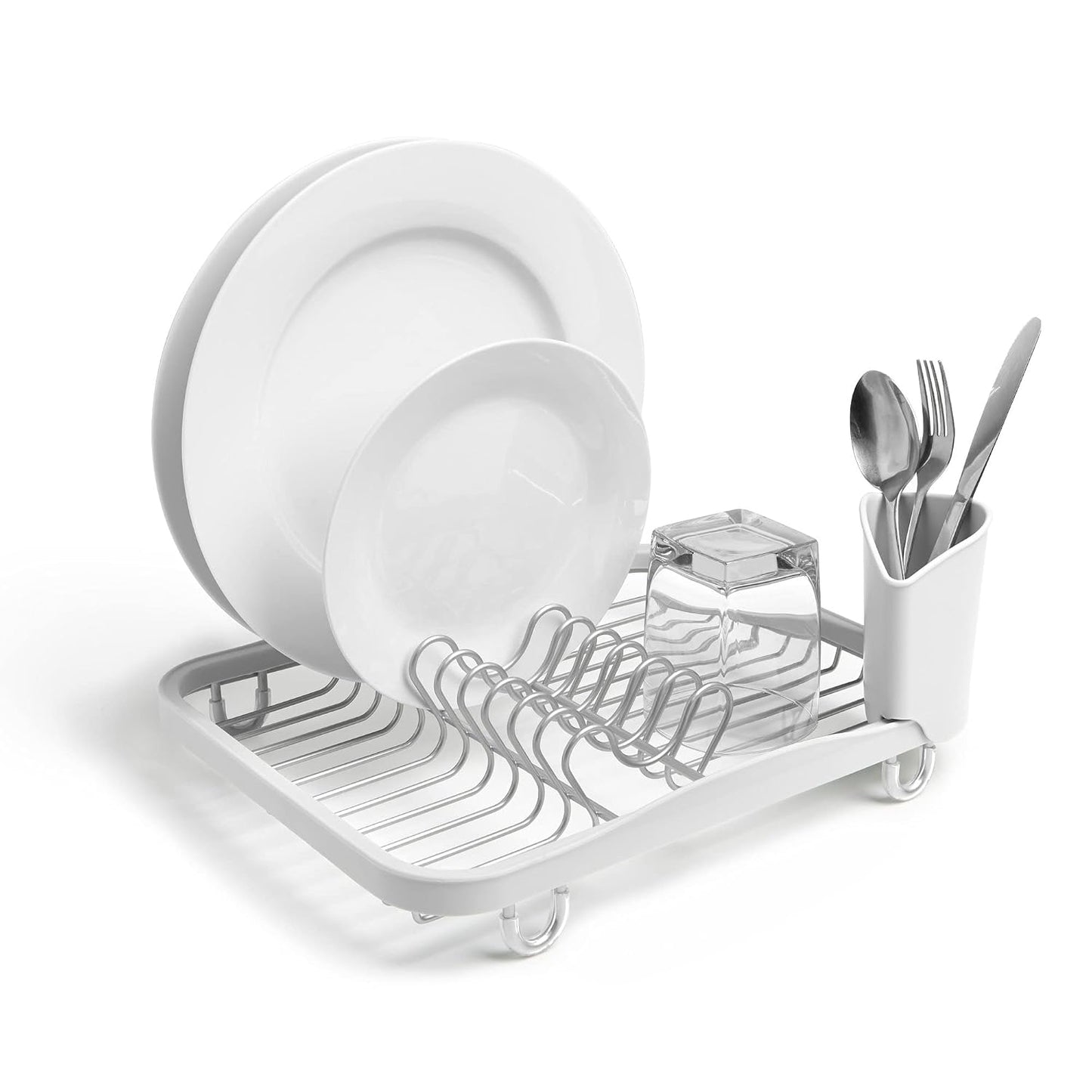 Umbra Sinkin Dish Drying Rack, in Sink or Countertop Drainer, White/Nickel | Removable utensil holder, non slip rubber feet, fits standard sizes, coated wire and plastic