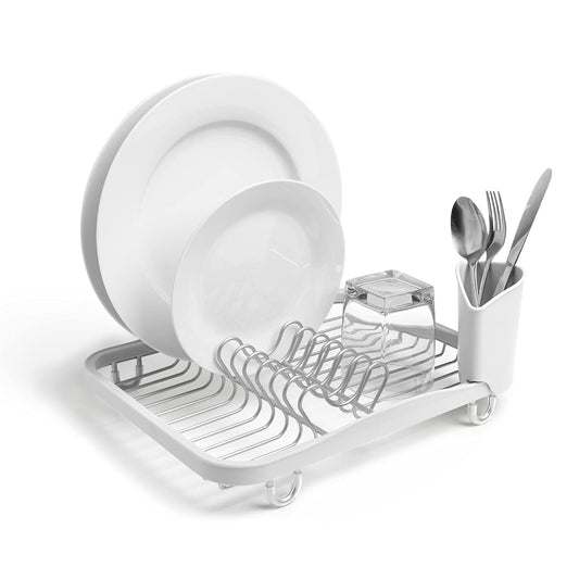 Umbra Sinkin Dish Drying Rack, in Sink or Countertop Drainer, White/Nickel | Removable utensil holder, non slip rubber feet, fits standard sizes, coated wire and plastic