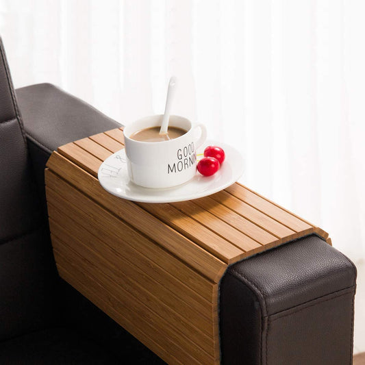 Sofa Arm Tray Table - Flexible/Foldable Couch Arm Table Perfect for Drink & Snacks Great Armrest Tray (16.5" L x 13.25" W x 0.35" H, Natural Bamboo)