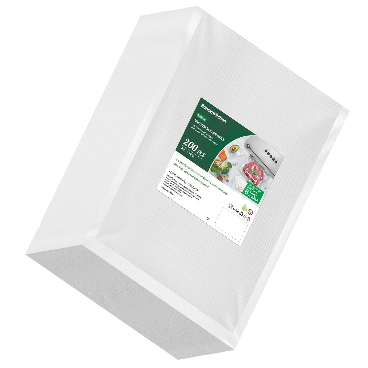 Bonsenkitchen Precut Vacuum Sealer Bags 200 Quart 8" x 12", BPA Free | Commercial Grade Textured Food Vacuum Sealer Bag, Thick Embossed Bags for Storage and Sous Vide Cooking, VB3208