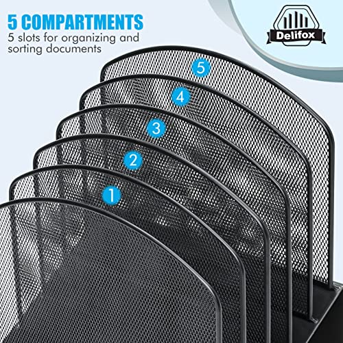 Delifox Inclined Desk File Organizer,Vertical File Folder Holder Stand Metal Rack File Sorter for Office Classroom Desktop Organization (1, Black, 5)