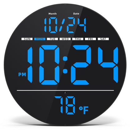 Digital Wall Clock with Large LED Display, Date, Temperature, Auto-Brightness | Small [PLUG-IN] Clock | Modern Electric Wall Clock for Bedroom, Classroom, Living Room, Home, Office, Farmhouse - Blue