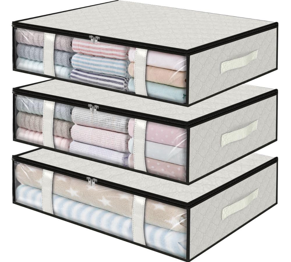 StorageRight Under Bed Storage Bags, 3 Pack, 40L, White | Breathable Non-Woven Fabric with a Clear Window and Zippered Top for Clothes, Comforters, Blankets and Seasonal Storage