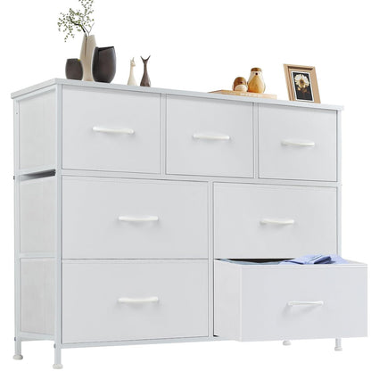 Dresser for Bedroom with 7 Drawers, Anti-Tip Fabric Storage Tower | Organizer Unit with Wood Top and Metal Frame, Organizer for Clothes, Closet, Entryway, Furniture, White