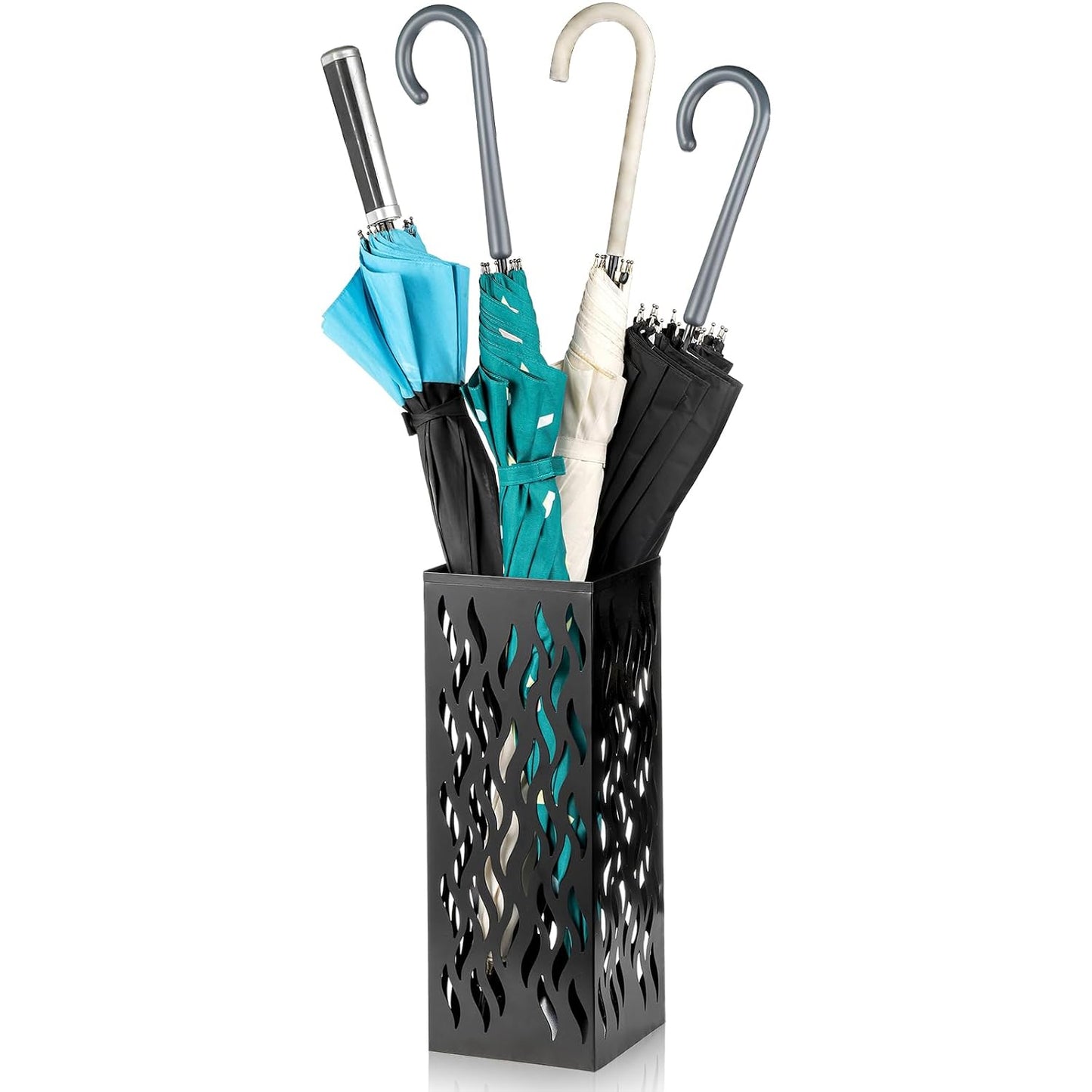 Noamus Metal Umbrella Holder, Heavy Square Canes Walking Sticks Stand Rack, Freestanding Rain Collection Umbrella Organizer, Black Umbrella Storage Bin for Entryway, Home, Office, 6.1"x6.1"x15.7"