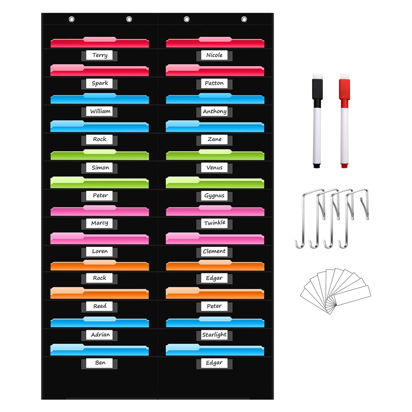 REGELETO 24 Pockets File Storage Pocket Chart with 24 Nametag Pockets, Hanging Wall File Organizer for Classroom and Office, Organize Your Assignments, Files, Scrapbooks, Paper (Black-24 pockets)