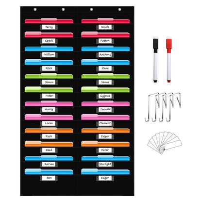 REGELETO 24 Pockets File Storage Pocket Chart with 24 Nametag Pockets, Hanging Wall File Organizer for Classroom and Office, Organize Your Assignments, Files, Scrapbooks, Paper (Black-24 pockets)