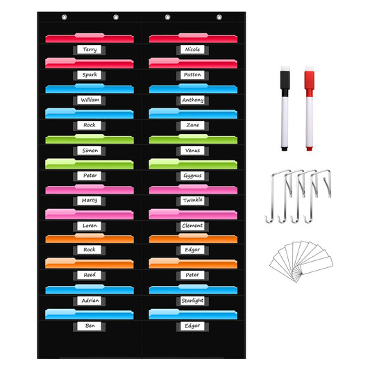 REGELETO 24 Pockets File Storage Pocket Chart with 24 Nametag Pockets, Hanging Wall File Organizer for Classroom and Office, Organize Your Assignments, Files, Scrapbooks, Paper (Black-24 pockets)