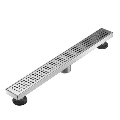 Linear Shower Floor Drain, Brushed Nickel 24 Inch 304 Stainless Steel Bathroom Drains Kit, Long Rectangular Shower Trench Drain with Square Pattern Drain Cover & Hair Catcher