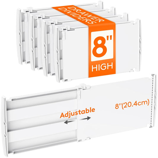8" Tall Drawer Dividers, Adjustable Deep Drawer Or... (4 Count | White | ABS Plastic)