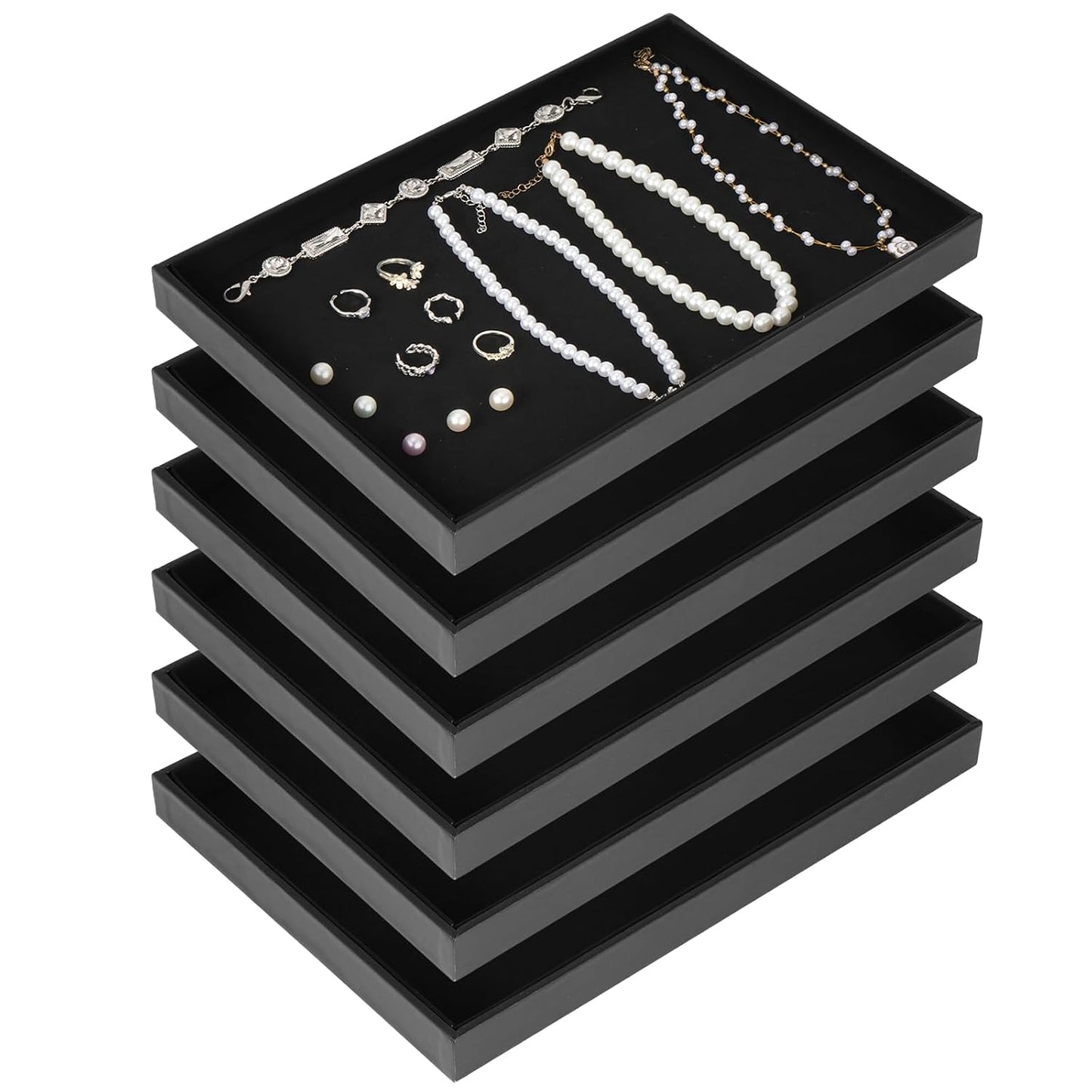 Rainmae 6 Pcs Velvet Stackable Jewelry Tray Showcase Display, Black | Jewelry Organizer Trays for Drawers and Countertop, Empty Plates for Necklace, Ring, Bracelet, and Earring Storage Display