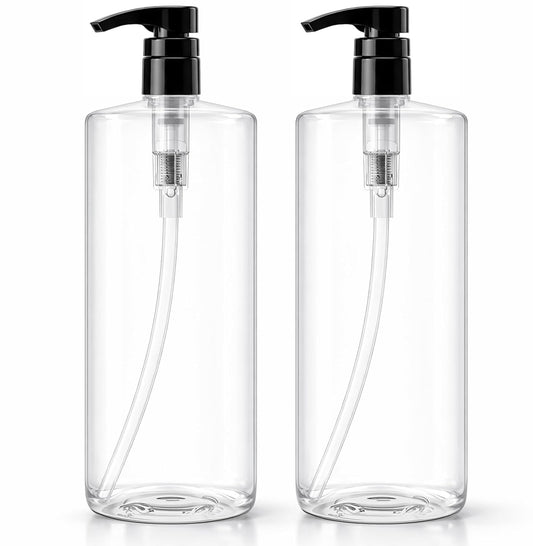 Bar5F Empty Pump Bottles 32 oz. (1-Liter) BPA-Free Crystal-Clear USA 2-Pack | Large Refillable Containers for Shampoo, Conditioner, Body Wash, Lotion, Gel, Laundry Detergent, Hand Soap