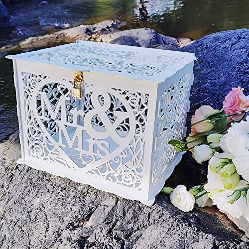 Jolik Wedding Money Box Holder with Sign, Large Rustic Wood Wooden DIY Envelop Gift Card Shadow Boxes with Lock Slot for Reception Anniversary Graduation Birthday Party Parties (Mr & Mrs, White)