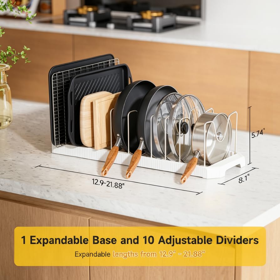 MUDEELA Pots and Pans Organizer under Cabinet, Pan Pot Organizer Inside Cabinet, Expandable 12.9''-21.88'' Pot Lid Organizer Holder with 10 Adjustable Dividers for Cutting Boards, Pan Lid Rack, White