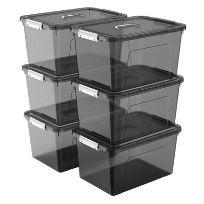 19 Quart Stackable Plastic Storage Bins with Lids, 6 Pack Clear Black Organizer Boxes with Secure Latches for Garage, Tools, Closet, Office, Durable Storage