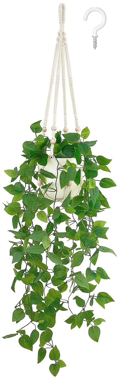 Mkono Fake Hanging Plant, Macrame Hanger with Pothos Vines & Pot, Ivory | Artificial Hanging Plants for Home Decor Indoor, Realistic Look, Perfect for Bedroom Bathroom Kitchen Office Boho Display