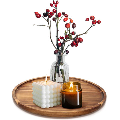 Acacia Round Wood Serving Tray for Ottoman Coffee Dining Table Decorations | Large Wooden Decorative Tray Kitchen Counter Island Home Decor Circle Candle Holder Trays Living Room Centerpiece Accessories