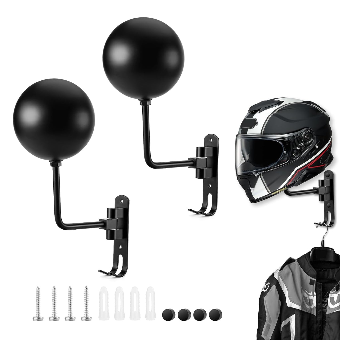 Motorcycle Helmet Holder (2 Pack) Wall Mount for Football /Bicycle Helmet | Helmet Hanger 180° Rotation Helmet Rack with Double Hook for Helmet, Hat, Cap, Sportswear, Motorcycle Accessories