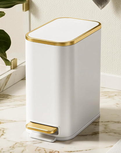 Cesun Small Bathroom Trash Can with Gold Grimmed Lid & Pedal, 1.3Gal, White | Soft Close Lid, Removable Inner Bucket, Slim Stainless Steel Waste Basket for Home Office, Included 5 Trash Bags, Hidden Bags