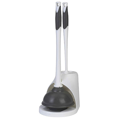 Clorox Toilet Plunger and Brush Bowl Set with Holder Caddy Storage for Cleaning Bathroom and Unclogging Toilets, White and Gray