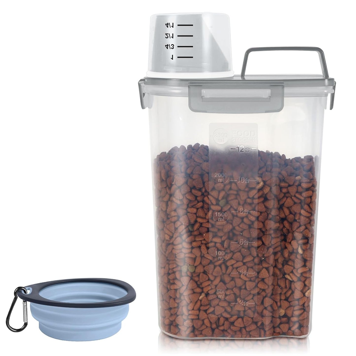 LEAWALK 3-5Lbs/3Qt Dog Cat Food Storage Container With Foldable Bowl., Plastic Pet Food Dispenser for Small Animal Kibble/Pet Food/Bird Seed/Oatmeal/Rice/Flour/Brown Sugart/Cereals (Clear Grey)