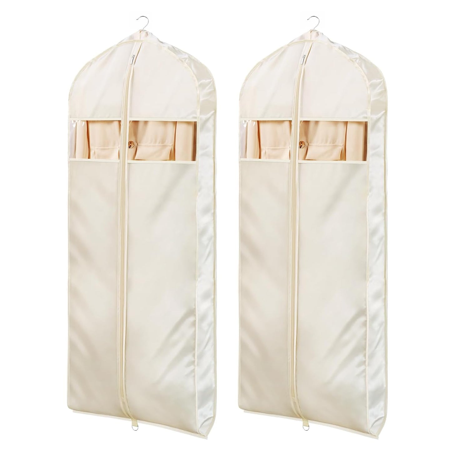 Univivi Satin Garment Bags for Hanging Clothes, Apricot, 60 Inch, 2 Pack | Soft Silk Garment Bag Zippered Dress Cover with Gussets and Clear Window, Breathable and Non-smell for Shirts, Coats, Jackets