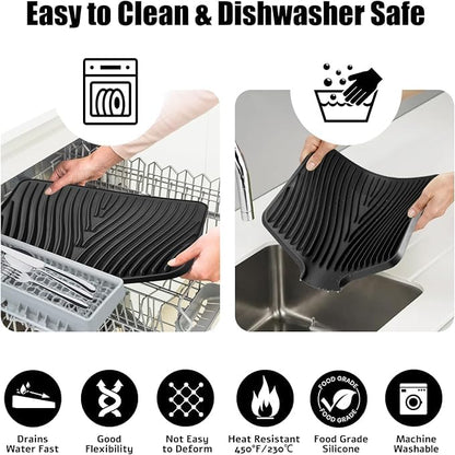 Silicone Dish Drying Mat for Kitchen Counter, Black-1pc, 16" x 12" | Heat Resistant & Non-Slip Dish Drain Pad with Built-In Drain, Dishwasher Safe, Quick-Dry, Hangable & Roll-Up for Storage