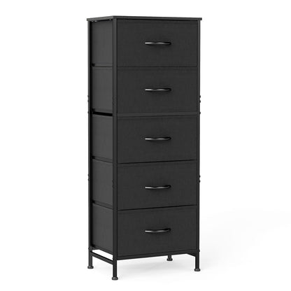 OLIXIS Tall 5 Drawer Fabric Dresser Storage Tower Bedroom Organizer, Black | Storage Unit with Removable Bins, Chest of Drawers with Sturdy Steel Frame, Tall Dressers for Closet, Living Room, Entryway