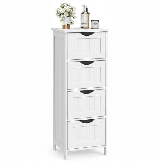 VASAGLE Floor Storage Cabinet, Freestanding Storage Organizer with 4 Drawers, 11.8 x 11.8 x 32.3 Inches, for Living Room, Bathroom, Dining Room, Kitchen, Modern Style, Cloud White ULHC040WH01S